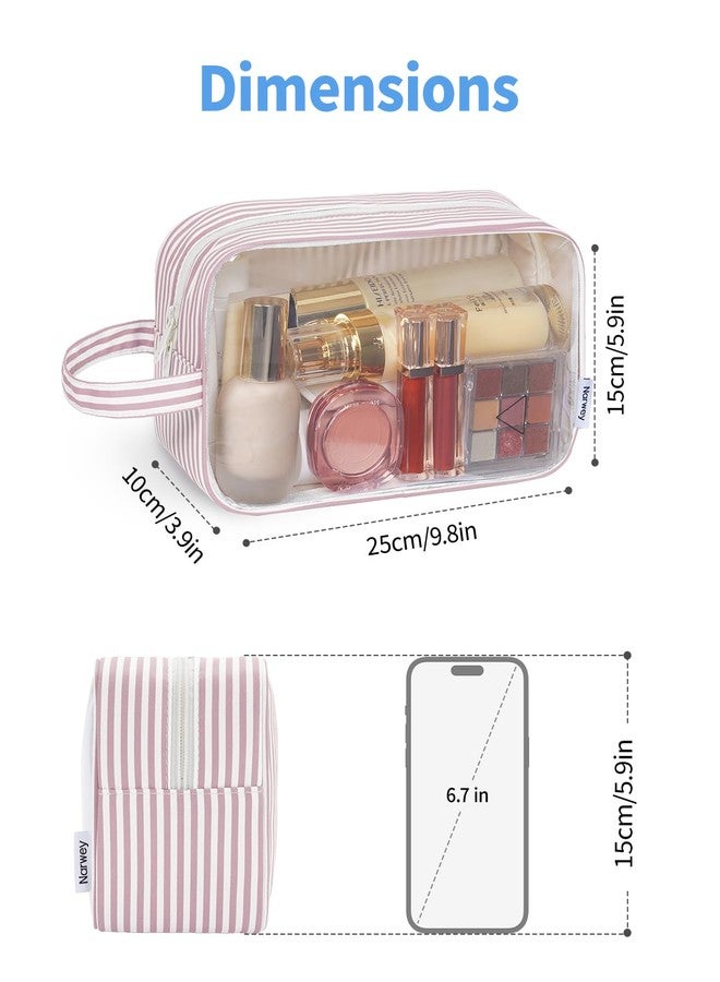 Narwey Clear Toiletry Bags for Traveling Women Men, Clear Travel Bags for Toiletries Makeup Bag Cosmetic Bag with Zipper, Make Up Organizer, Skincare Bag (Dusty Pink Stripe) - Image 4